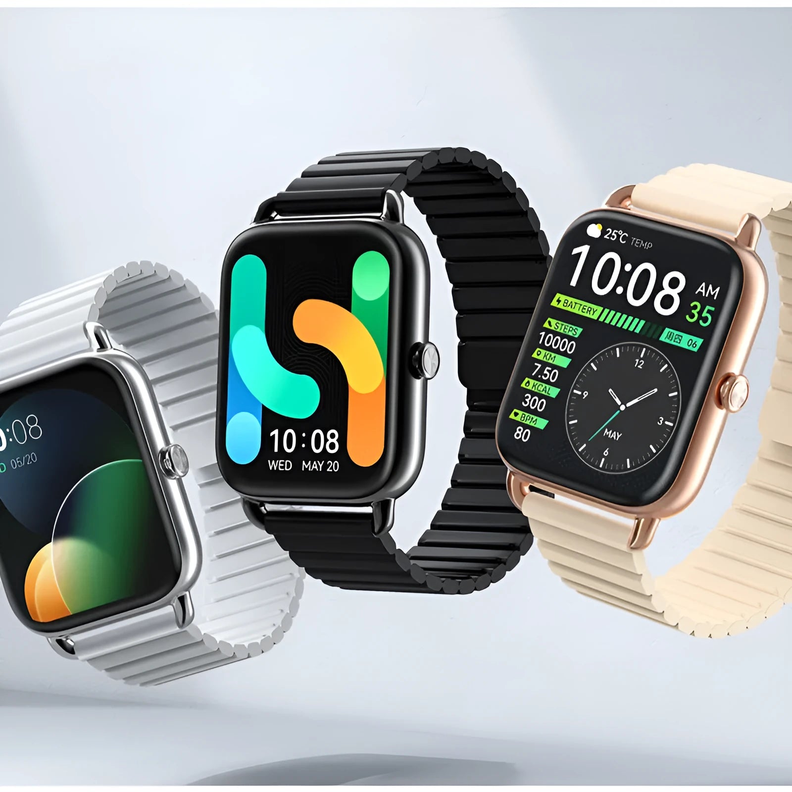 HAYLOU RS4 Plus smartwatch with AMOLED display shown in Black, Champagne, or Silver colour options