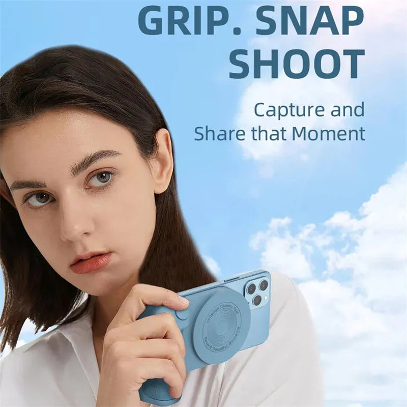 Black magnetic camera handle bracket for smartphone photography with rotatable design and ergonomic grip