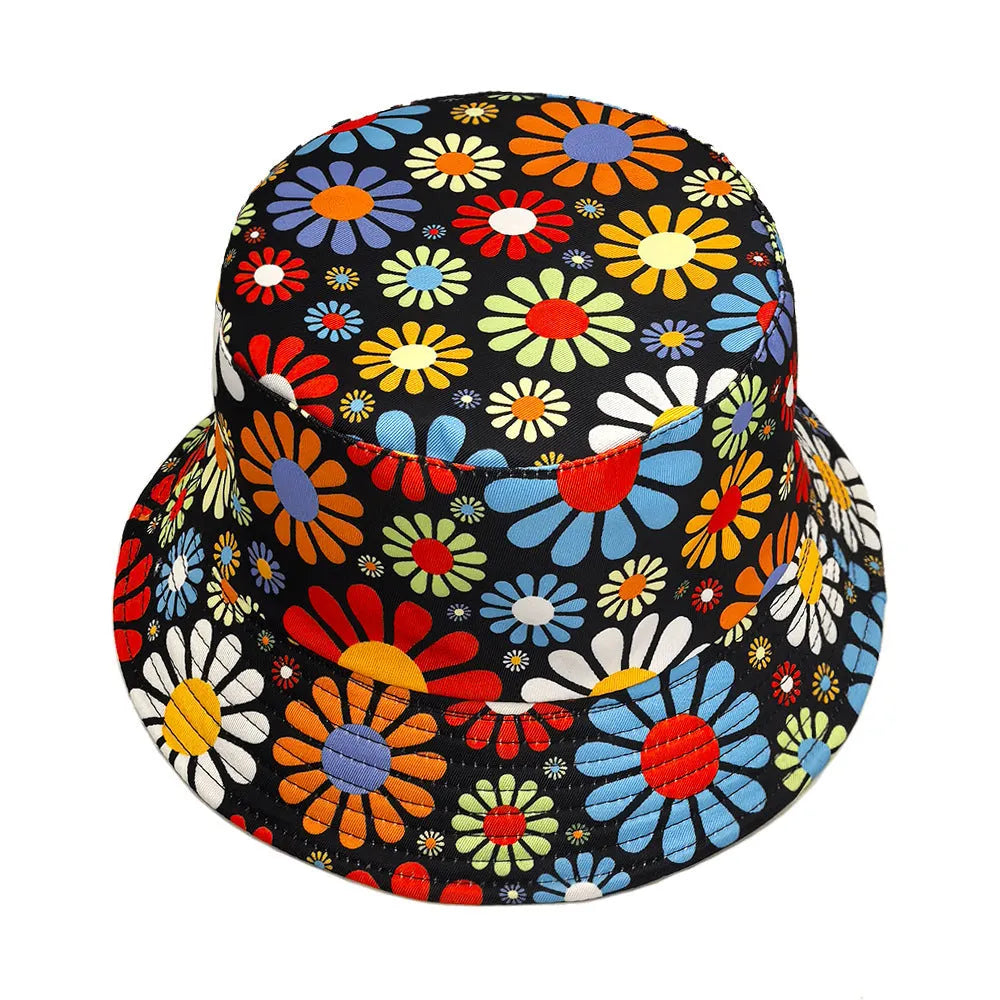 Colourful floral pattern polyester bucket hat with dome crown in size M