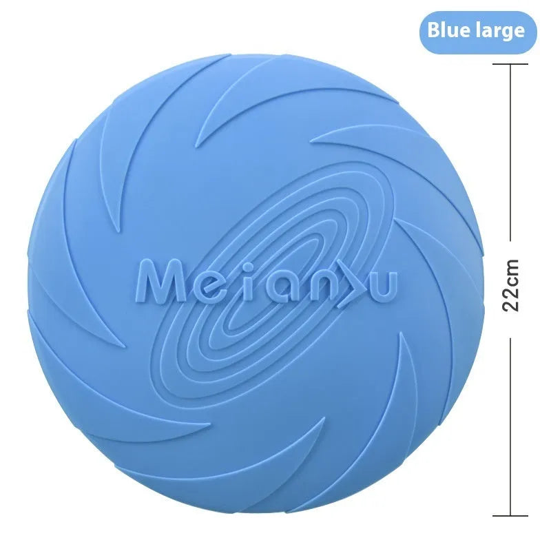 Soft rubber dog frisbee toy for outdoor fetch, shown in three sizes and red, blue, green colour options.