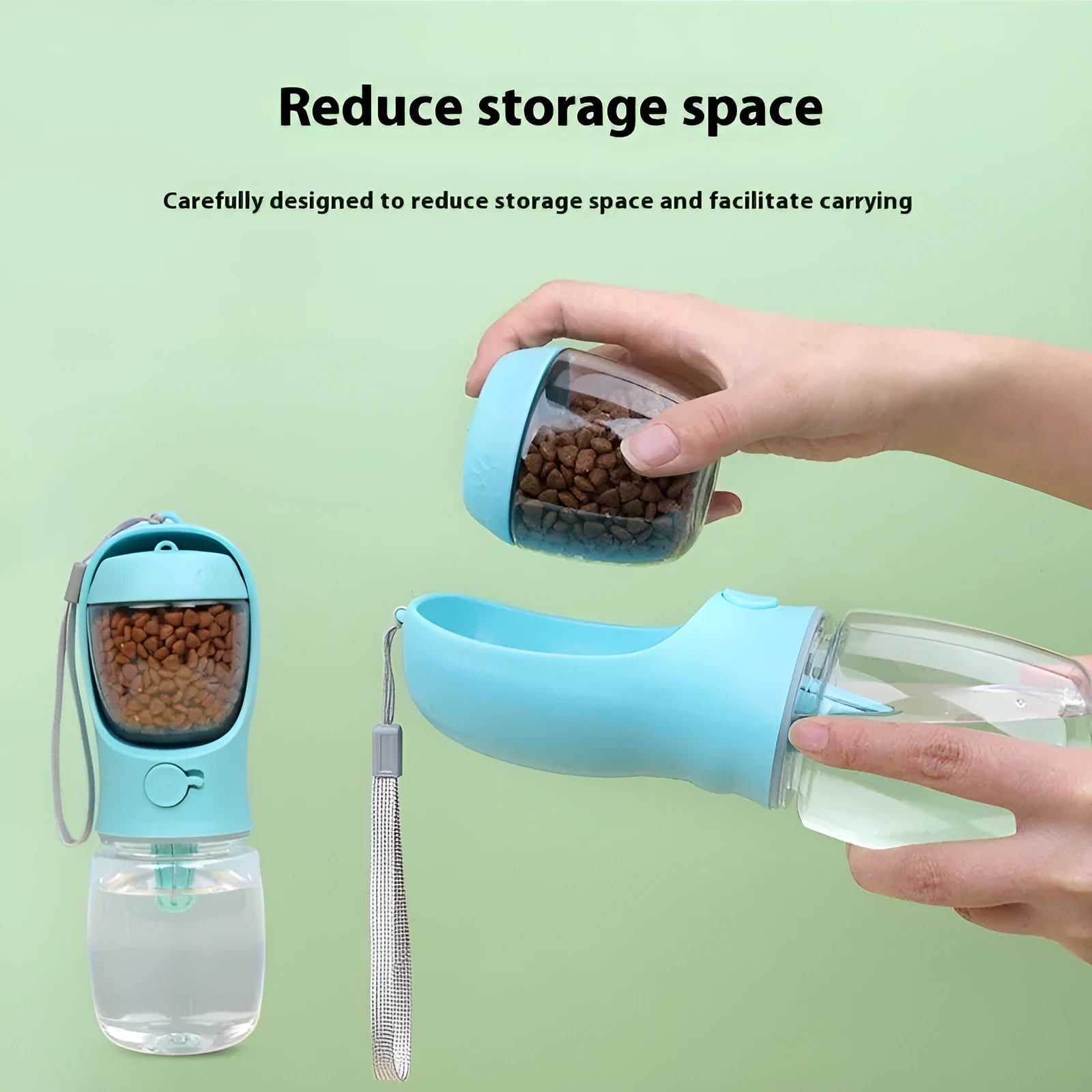 Blue portable dog water bottle with dual drinking and grain compartments