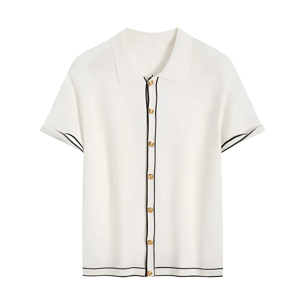 White short sleeve women's cardigan with dark contrast colour lapels laid flat.