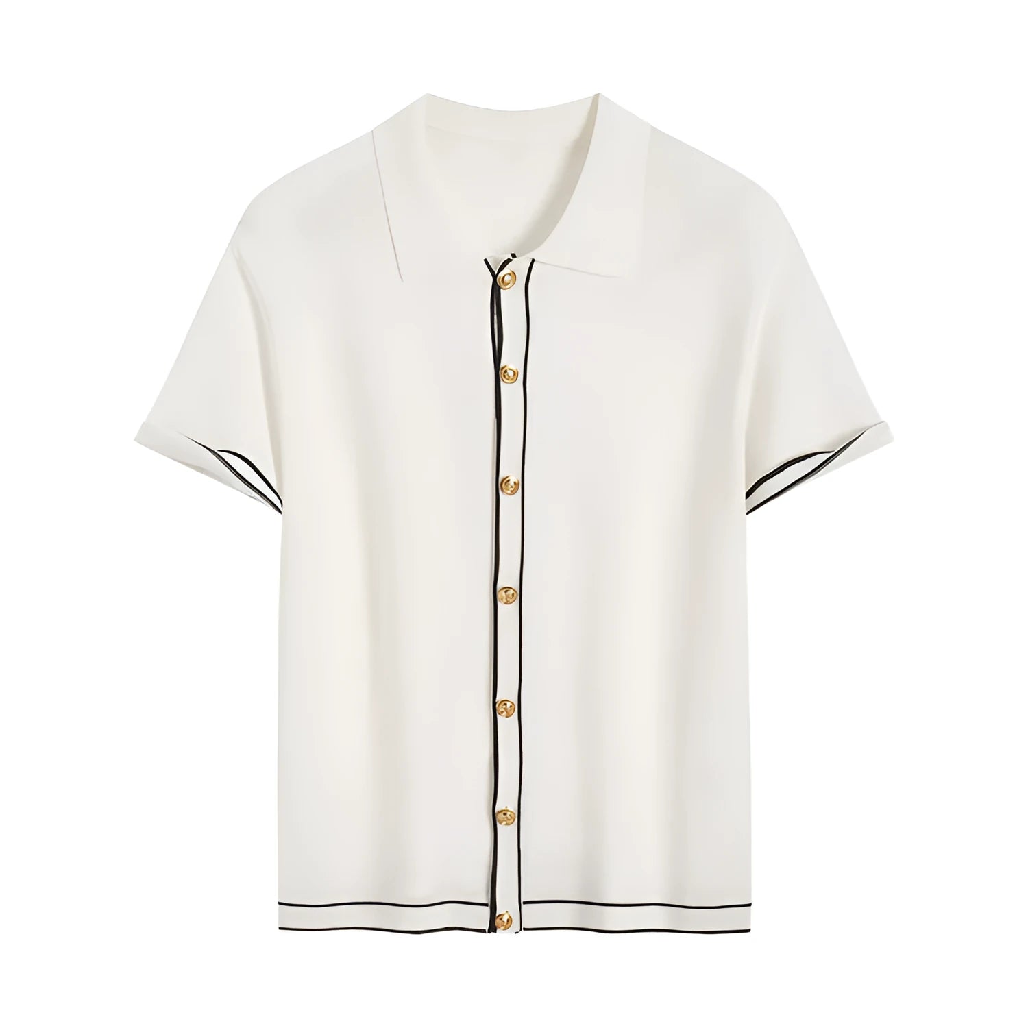 White short sleeve women's cardigan with dark contrast colour lapels laid flat.
