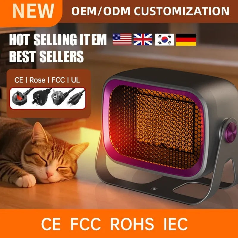 Compact white desktop ceramic heater with rotatable design and push-button controls.