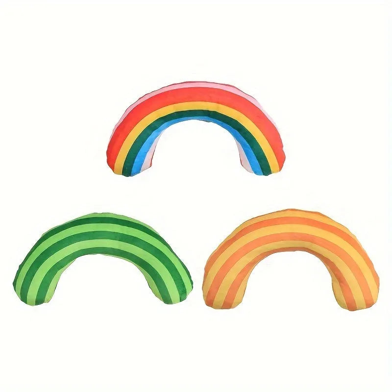 Striped pattern cat pillow toy with built-in catnip in green, rainbow, or yellow colours