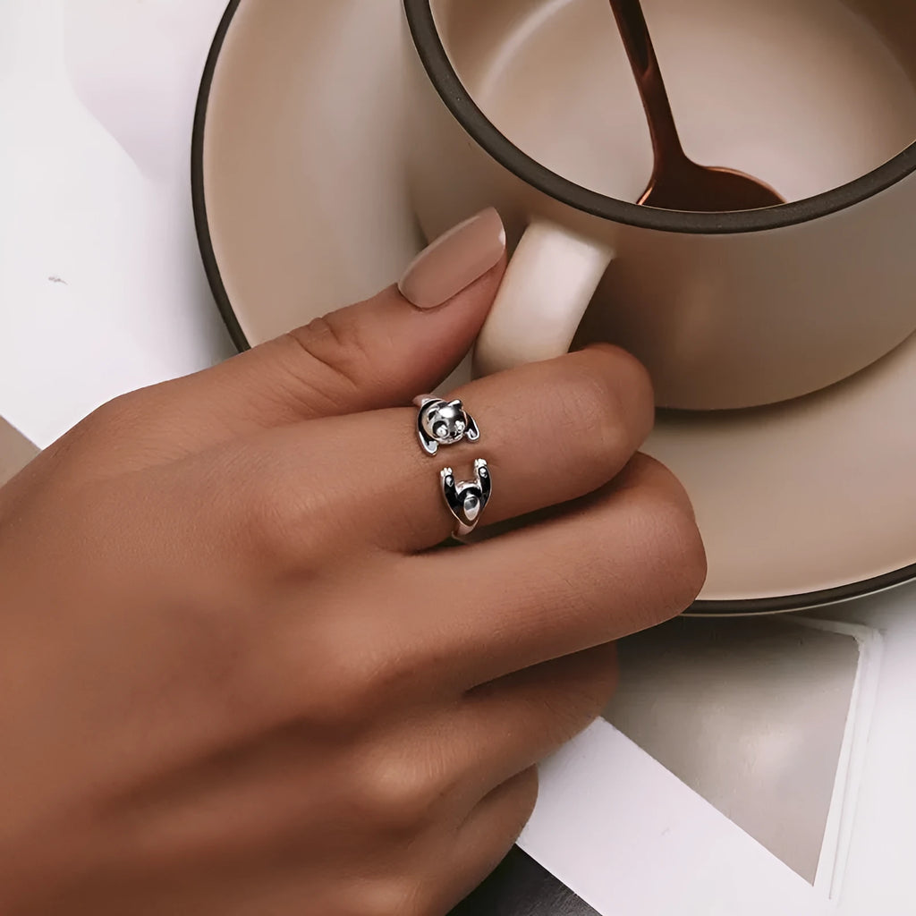 Sterling silver panda ring bracelet with adjustable opening and white gold plating