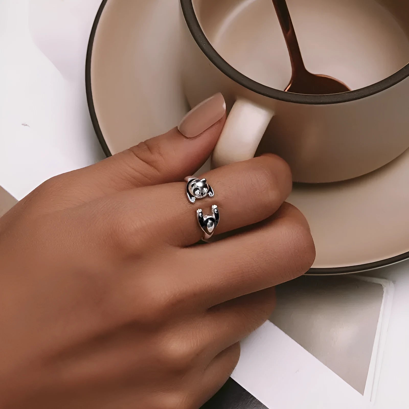 Sterling silver panda ring bracelet with adjustable opening and white gold plating