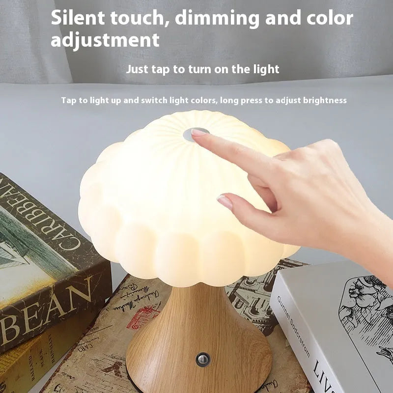 Mushroom-shaped decorative touch control night lamp with rechargeable battery in wood grain colour