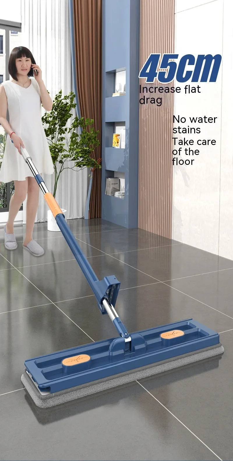 Large flat mop with 360 degree rotating head and stainless steel handle for home floor cleaning