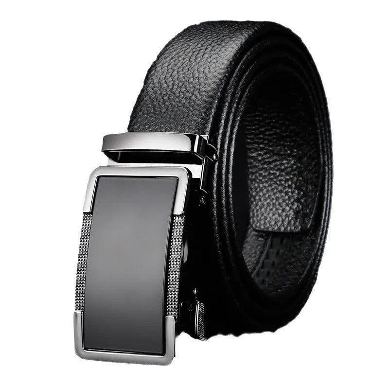 Men's leather belt with automatic buckle in gun black, silver or gold colours showing length sizing options