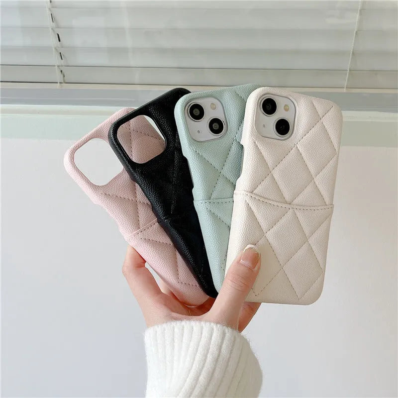 Imitation leather phone case with rhombus grid and card slot for iPhone in mint green
