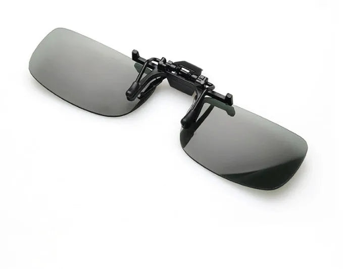 PC clip-on sunglasses accessory for prescription glasses in large or small size with gray, green, or night vision lens.