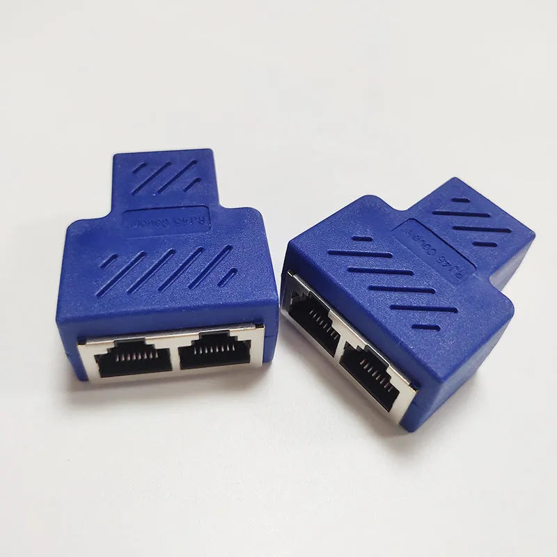 RJ45 network cable splitter adapter in multiple colours dividing one Ethernet connection into two outputs