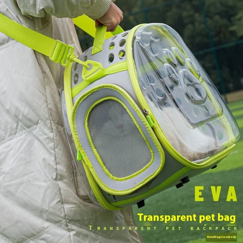 Large transparent hard-shell EVA cat backpack carrier folded and in use, shown in various colours.
