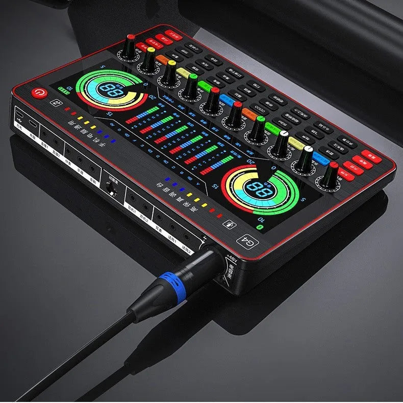 G4 professional live sound card mixer with LCD screen, control knobs, and included microphone on a desk
