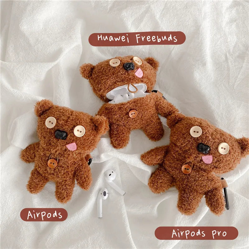 Brown plush button tongue bear earphone case flip type for AirPods and FreeBuds