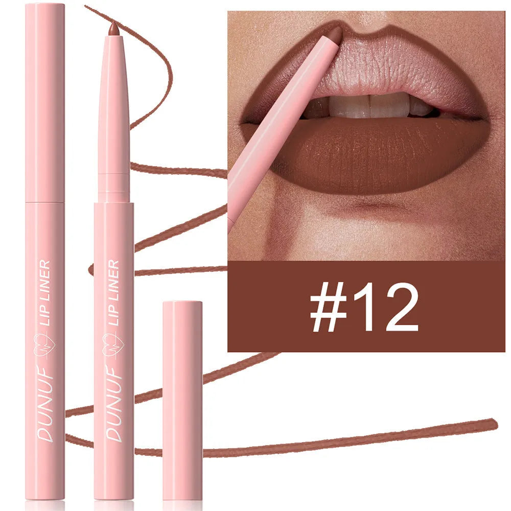 Velvet matte lip liner pencil in a display of 12 different colour shades.