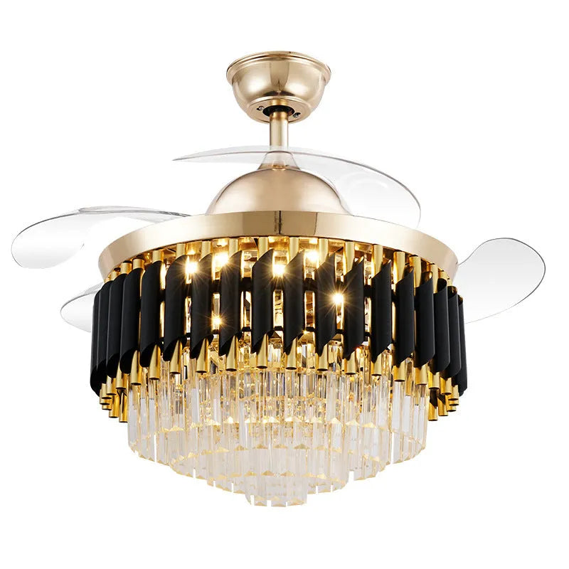 LED frequency conversion fan light crystal chandelier with remote control in living room setting