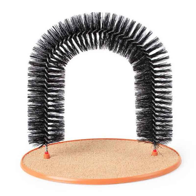 White plastic cat grooming arch scratcher toy with built-in brush bristles