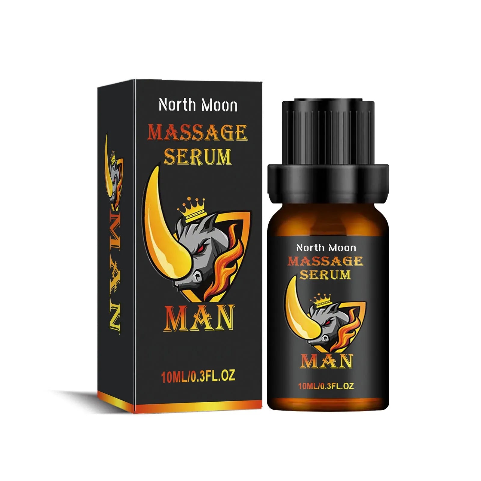 A 10ml glass bottle of men's endurance and vitality massage essential oil.