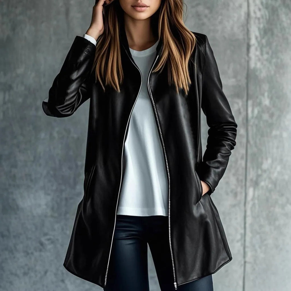 Women's black polyester leather jacket with 65cm medium length and long sleeves