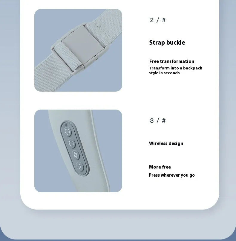Grey elastic fabric portable massager with USB charging cable for neck back and waist infrared physiotherapy