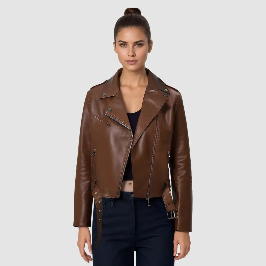 Women's black PU leather motorcycle jacket with lapel collar and a short belt fastened.