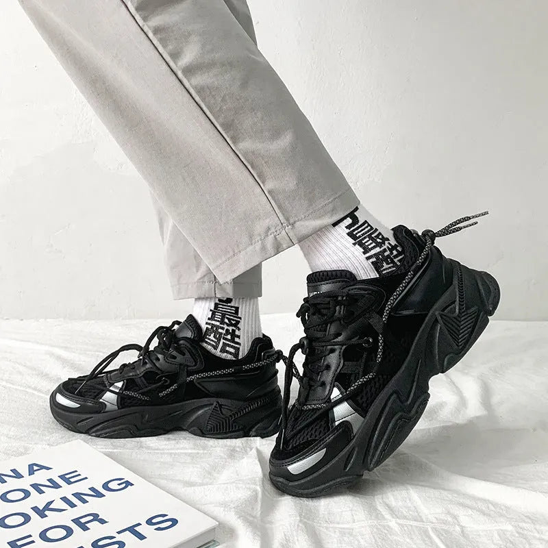 Men's white Korean style platform dad shoes with lace-up front on a neutral background.