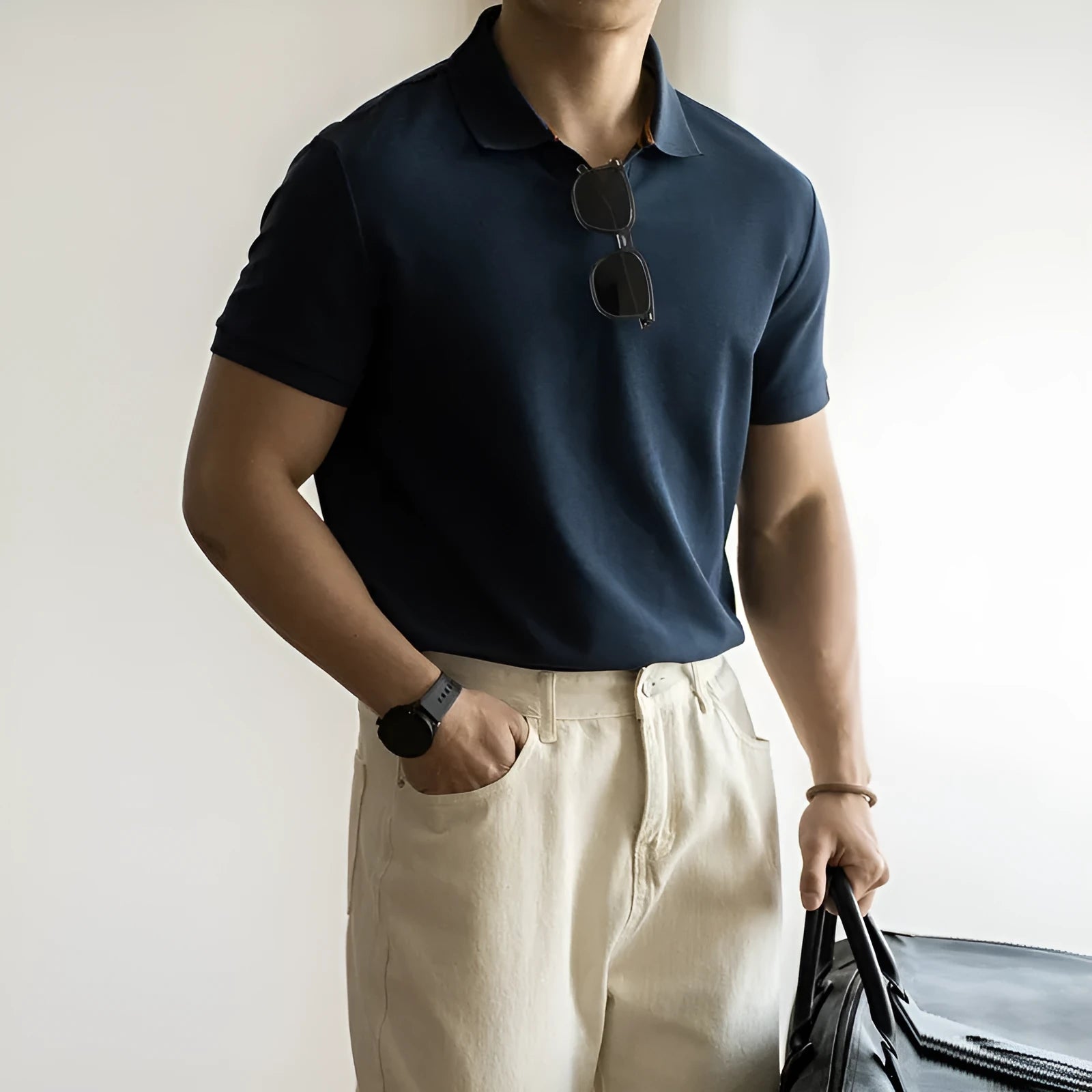 Men's blue cotton polyester blend short sleeve polo shirt American-style regular fit
