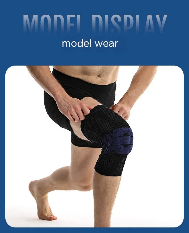 Adult sports kneecap in black and blue colours, made from nylon and spandex, for knee protection.