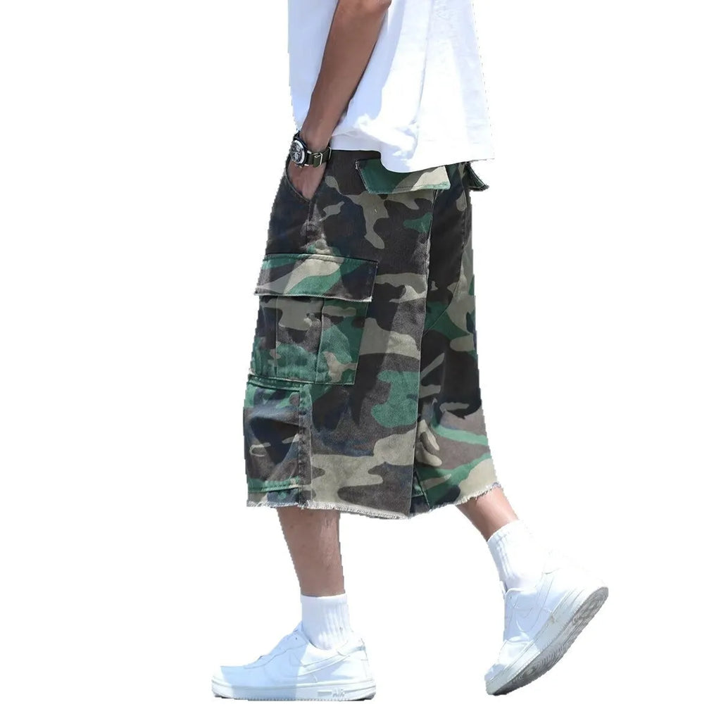 American retro camouflage work shorts in loose cropped fit on mannequin