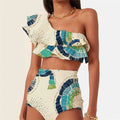White women's one-shoulder swimsuit with lotus leaf detail and double-layer construction