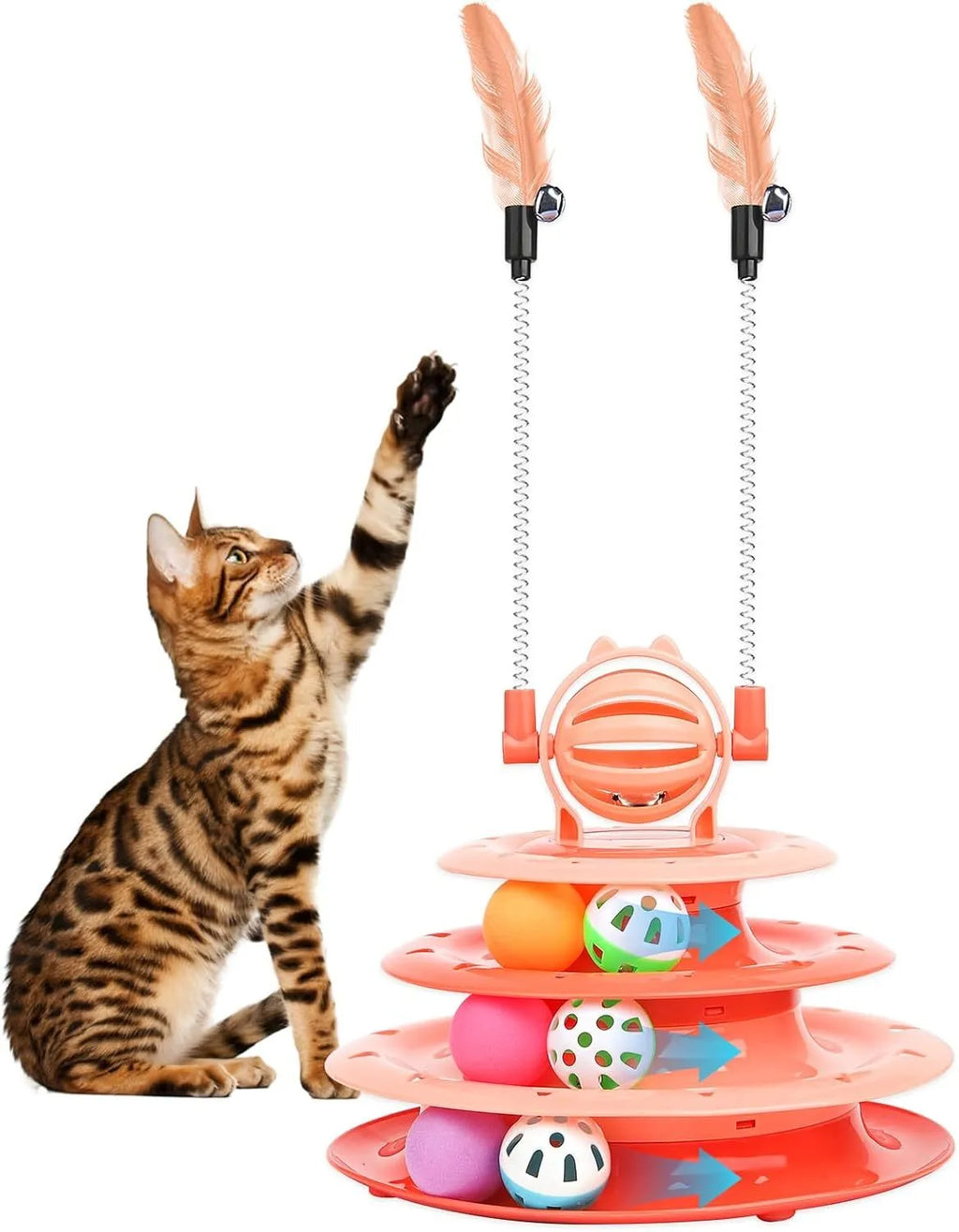 Blue 4-tier interactive cat puzzle toy with balls and teasing rods on a non-slip base.
