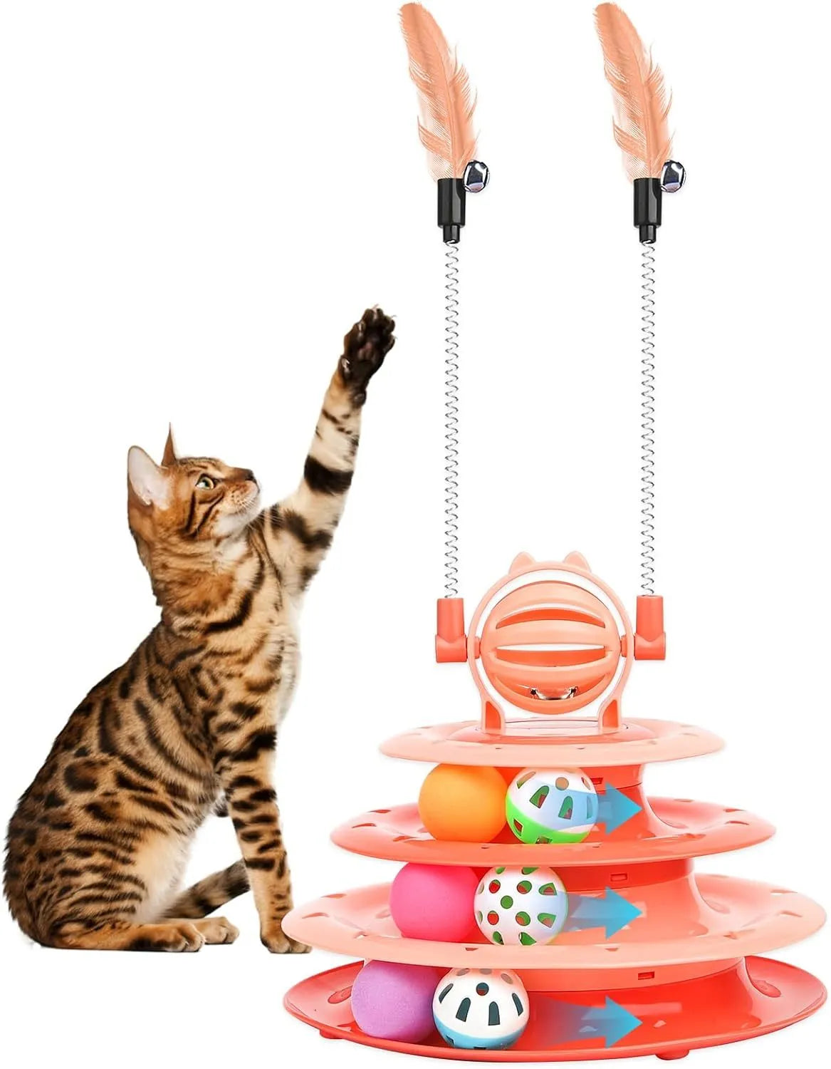 Blue 4-tier interactive cat puzzle toy with balls and teasing rods on a non-slip base.