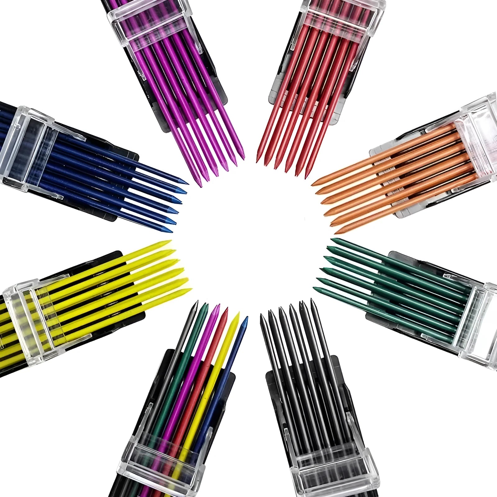 Box of 12 rainbow-coloured 0.5mm mechanical pencil lead refills with plastic barrels