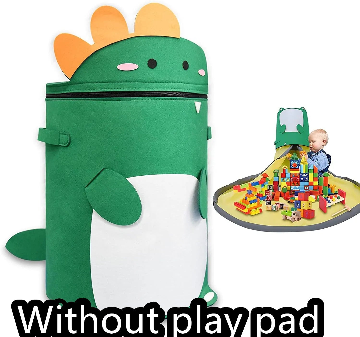 Green cube-shaped felt storage bag with a pull rope, shown as a toy organiser and play mat.