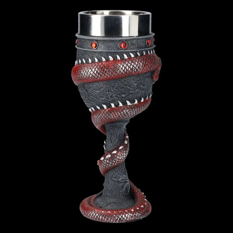 Red wine glass with 3D dragon design in gold colour, stainless steel and resin construction