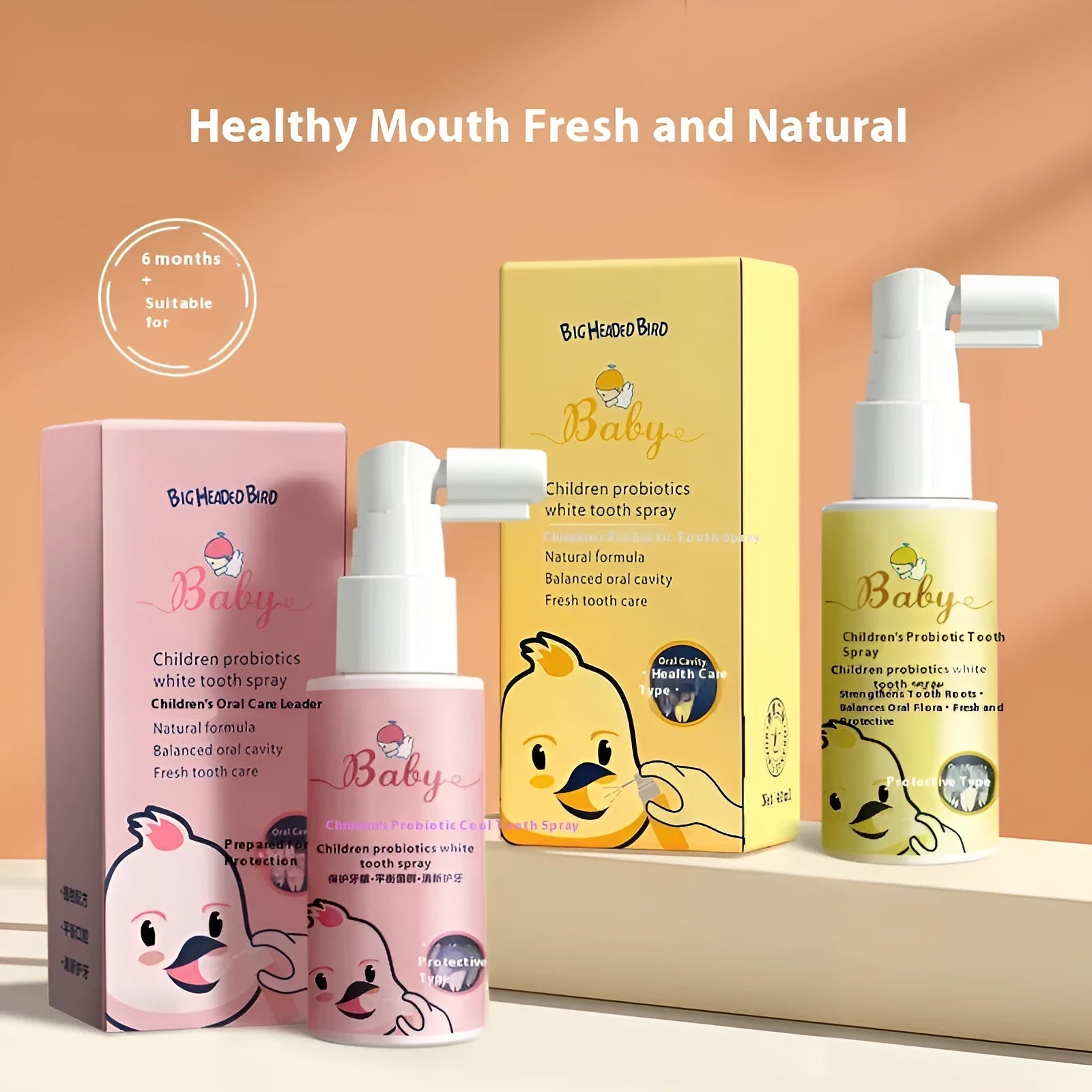 Children's probiotics white teeth cleaning spray bottle with strawberry and orange flavour options