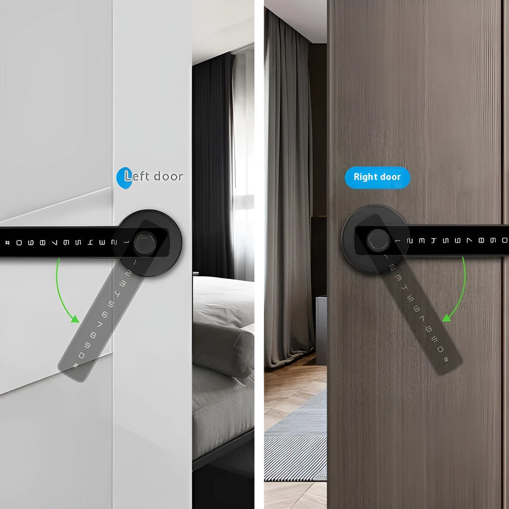 Black smart door lock with fingerprint scanner and credit card-style doodle board for wooden interior doors