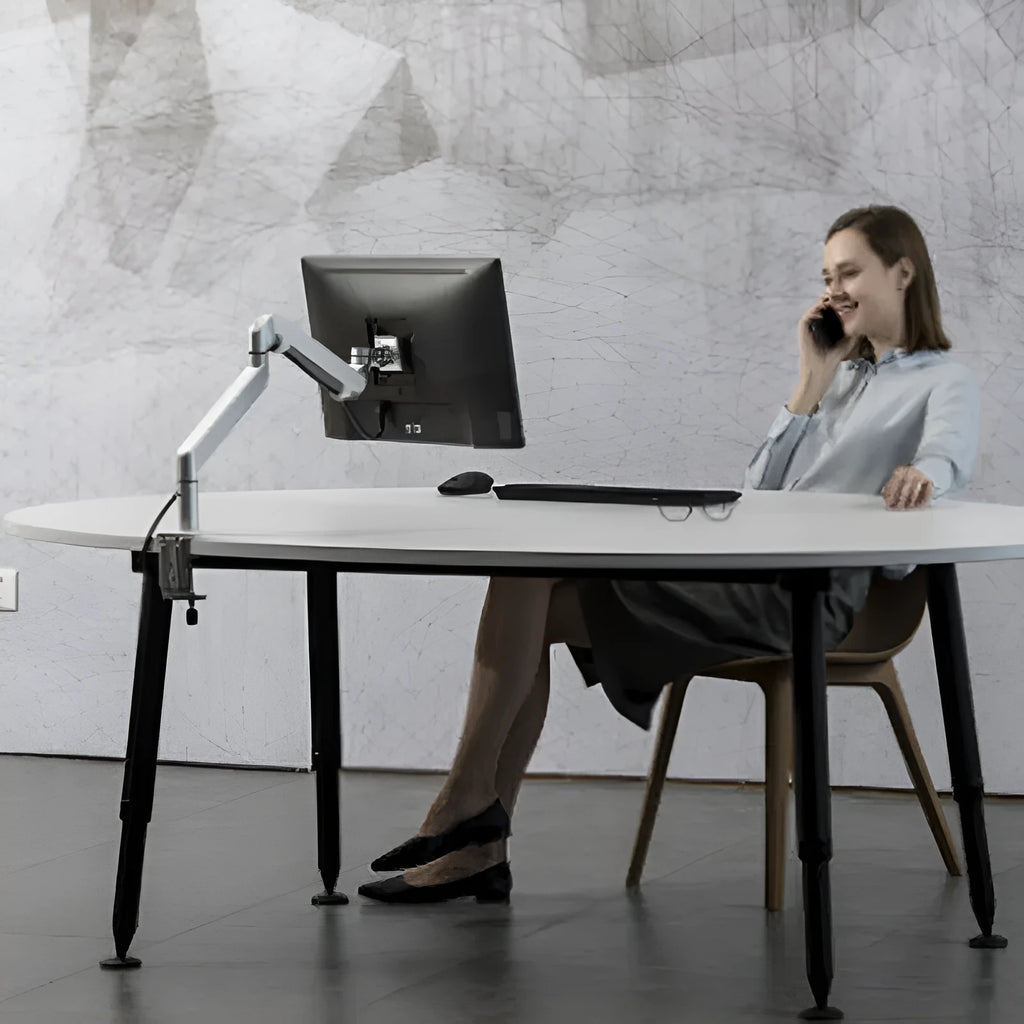 Aluminium laptop stand with adjustable air pressure arm bracket in silver colour