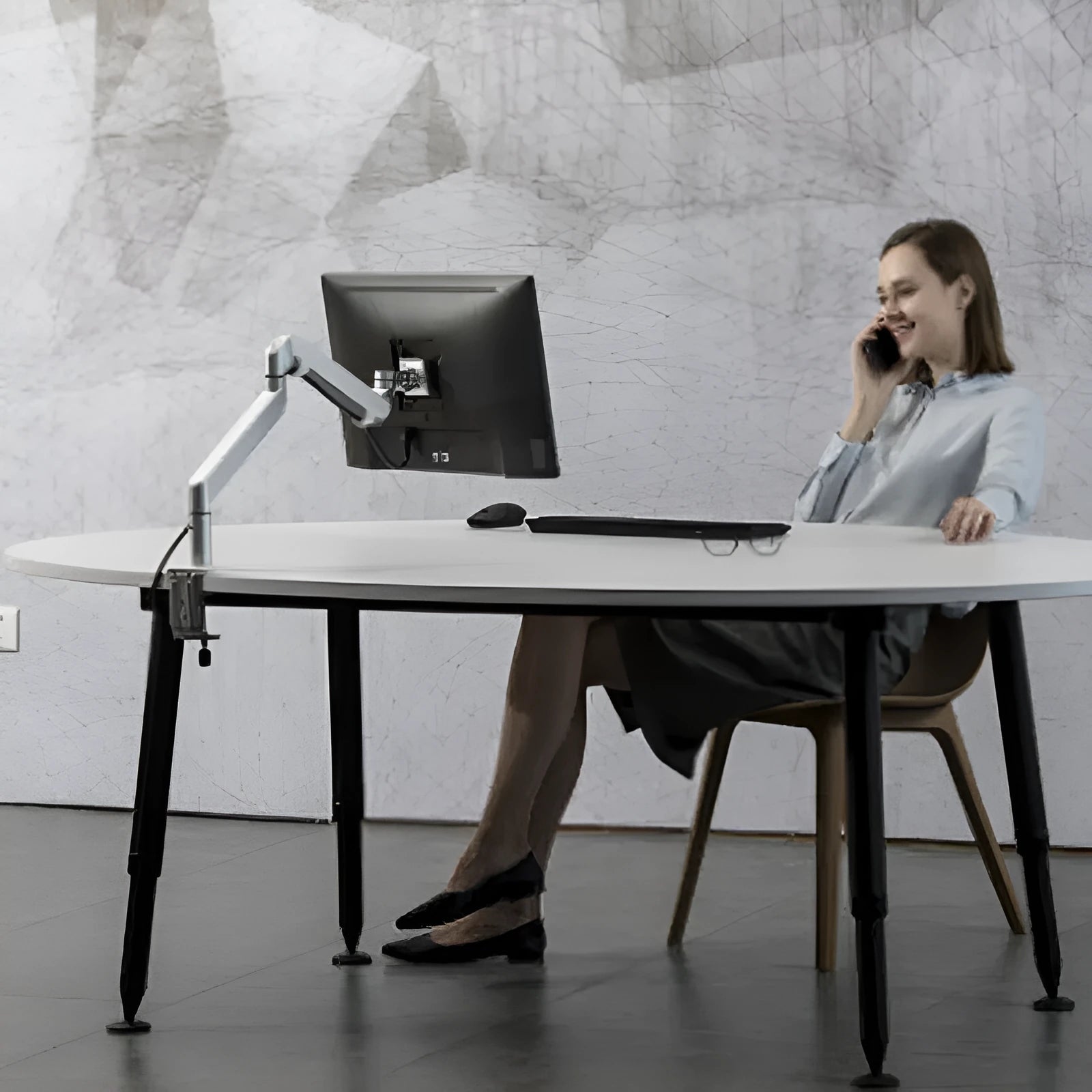 Aluminium laptop stand with adjustable air pressure arm bracket in silver colour