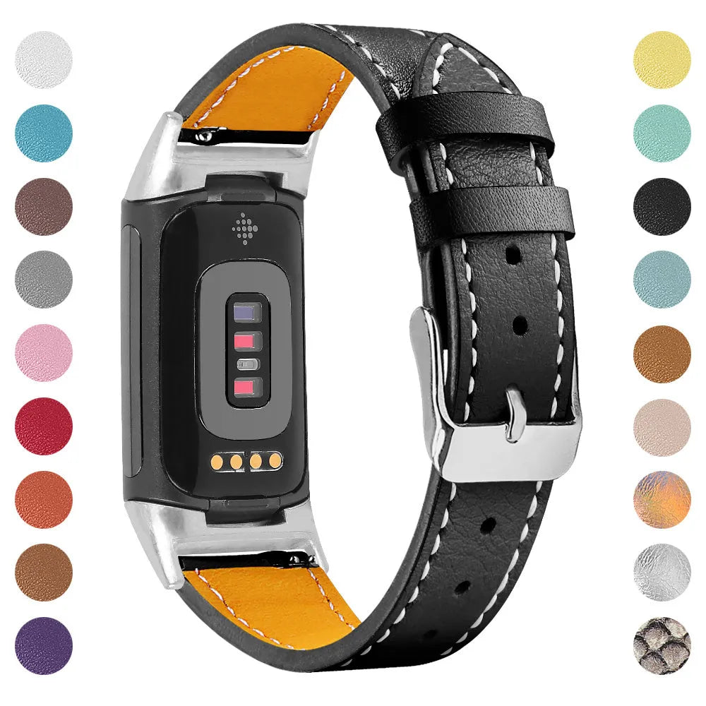 Genuine cowhide leather replacement strap for Fitbit Charge 5 and Charge 6 smartwatch in multiple colours.