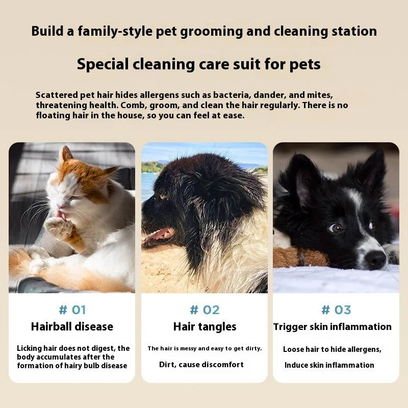 Pink and white pet grooming vacuum cleaner host with attachments including electric shear and combs.