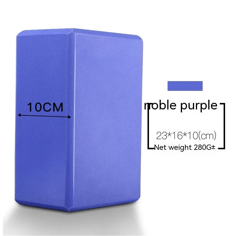 EVA foam yoga block in violet colour, shown next to a pink block, demonstrating its size and rectangular shape for fitness support.