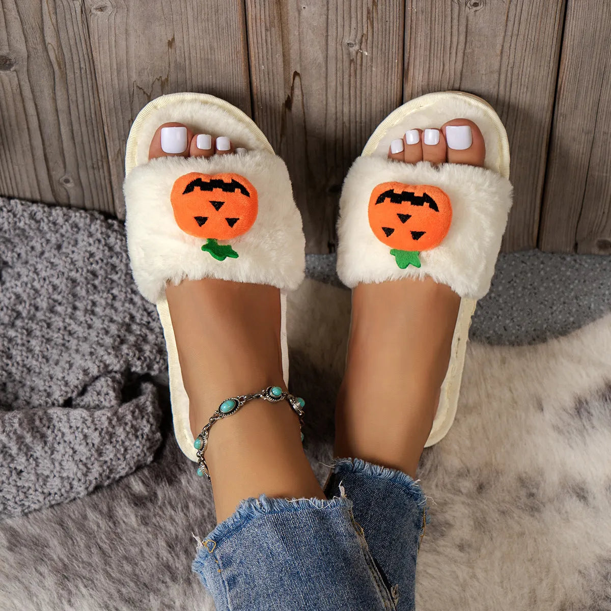 Yellow Halloween pumpkin cartoon design open-toe plush slippers with synthetic fur