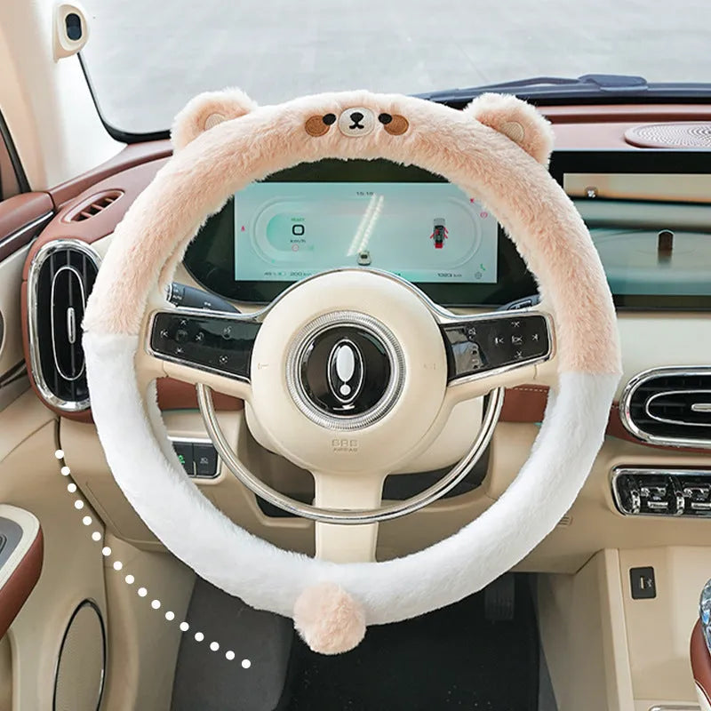 Plush winter car steering wheel cover with embroidered cartoon panda design for 38cm steering wheels.