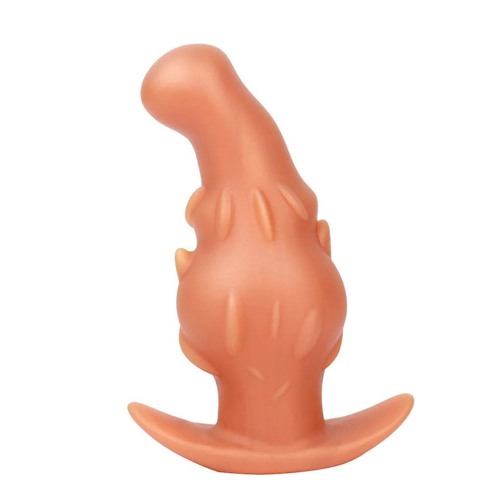 Unisex liquid silicone masturbator in black, gold, or purple colour, shown with size options S, M, L, XL.