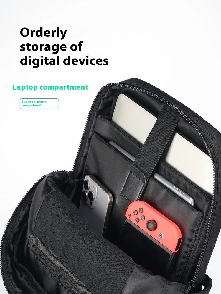 Elegant black Oxford cloth computer backpack showing main compartment and straps