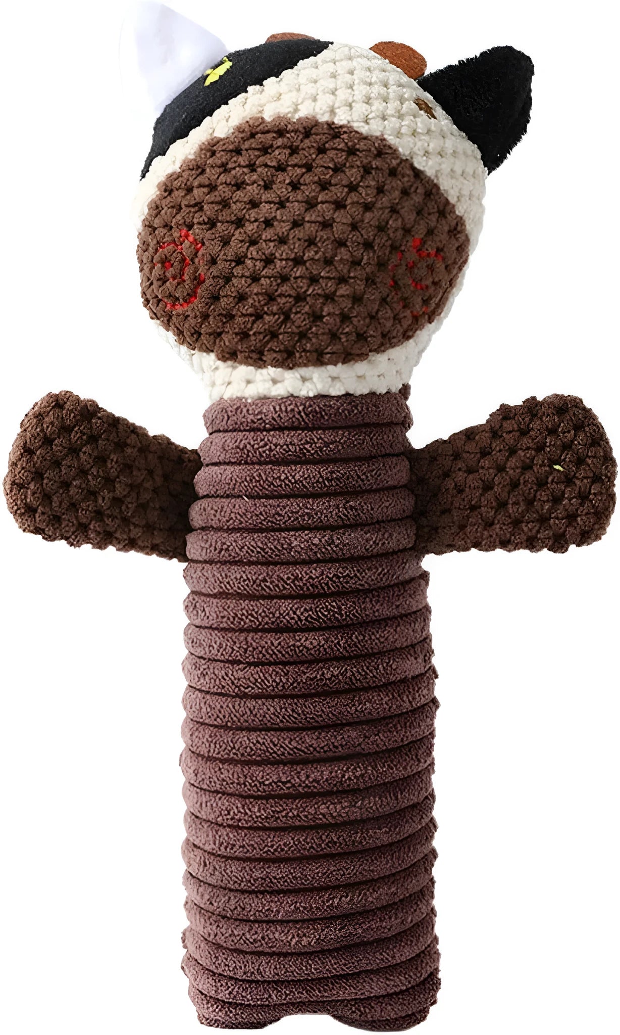 Soft plush dog squeaky chew toy in animal shapes including a calf, frog, and puppy, shown with scale for its 19cm by 5cm size.