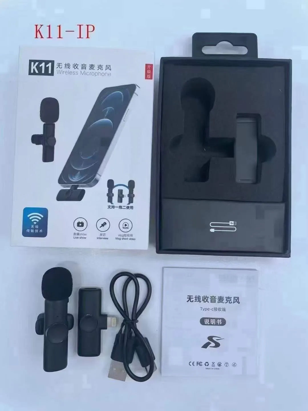 Wireless collar clip microphone for smartphones, showing clip design and available connection options.
